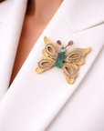 Multi-Gem Florentine Finish Butterfly Brooch Pendant (14k Yellow Gold, Emerald, Tanzanite, Rhodalite Garnet)