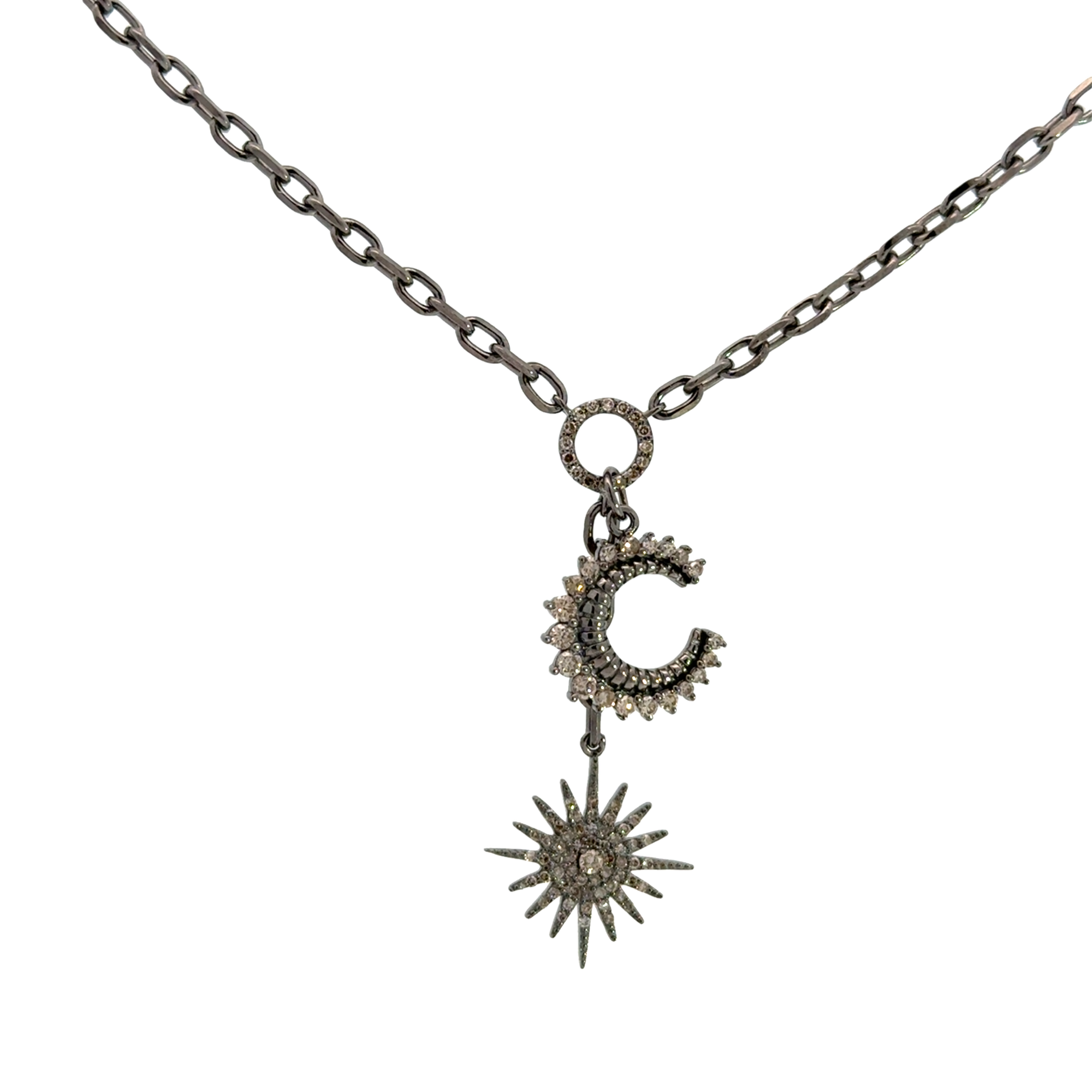 Oxidized Silver Starburst and Moon Necklace