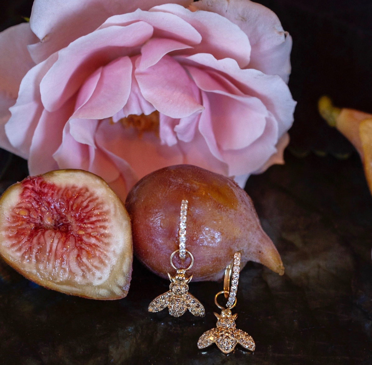 Yellow Gold and Diamond Bee Hoop Earring Charms