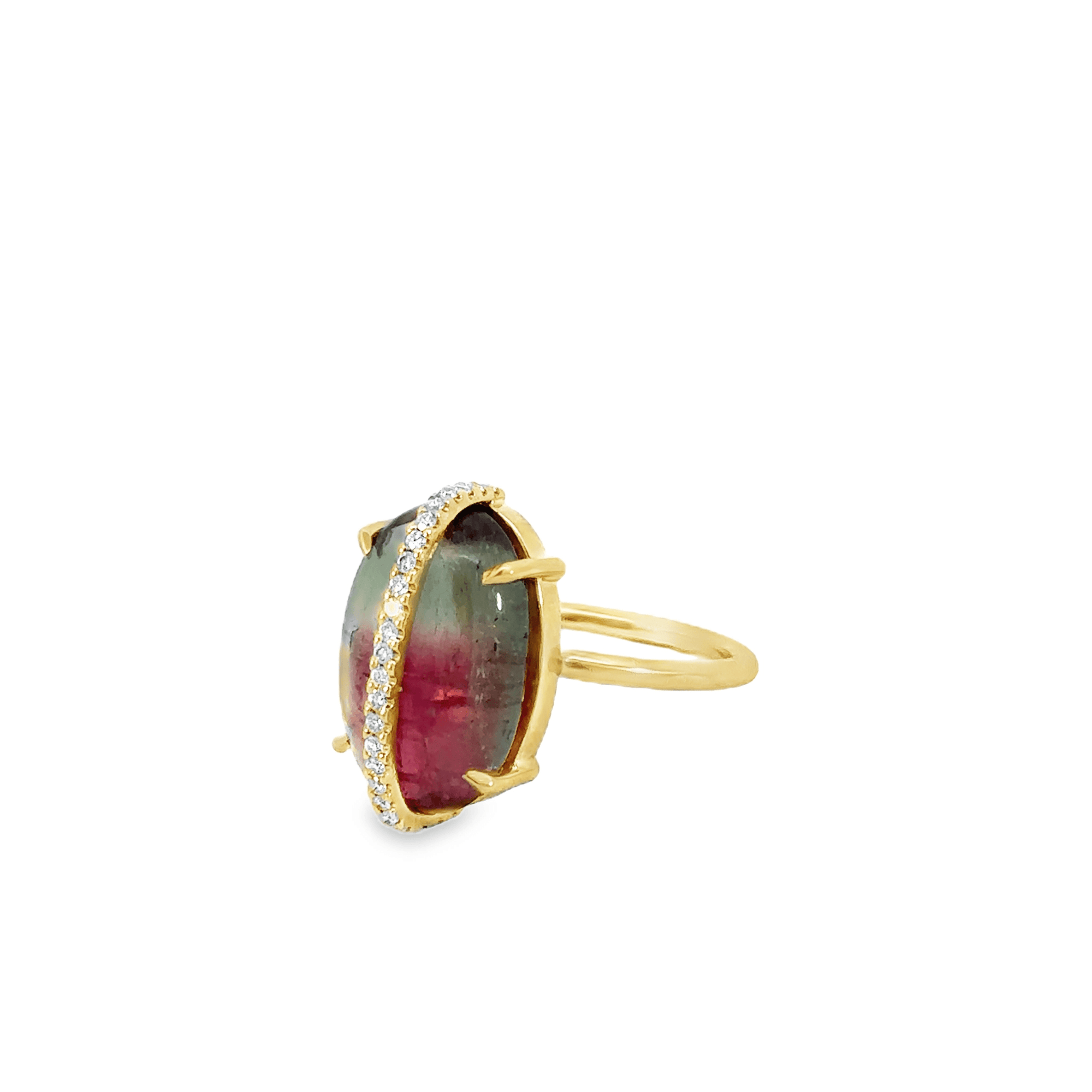 Diamond Wrapped Bi-Color Cabochon Tourmaline Ring