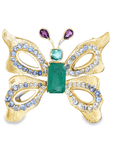 Multi-Gem Florentine Finish Butterfly Brooch Pendant (14k Yellow Gold, Emerald, Tanzanite, Rhodalite Garnet)