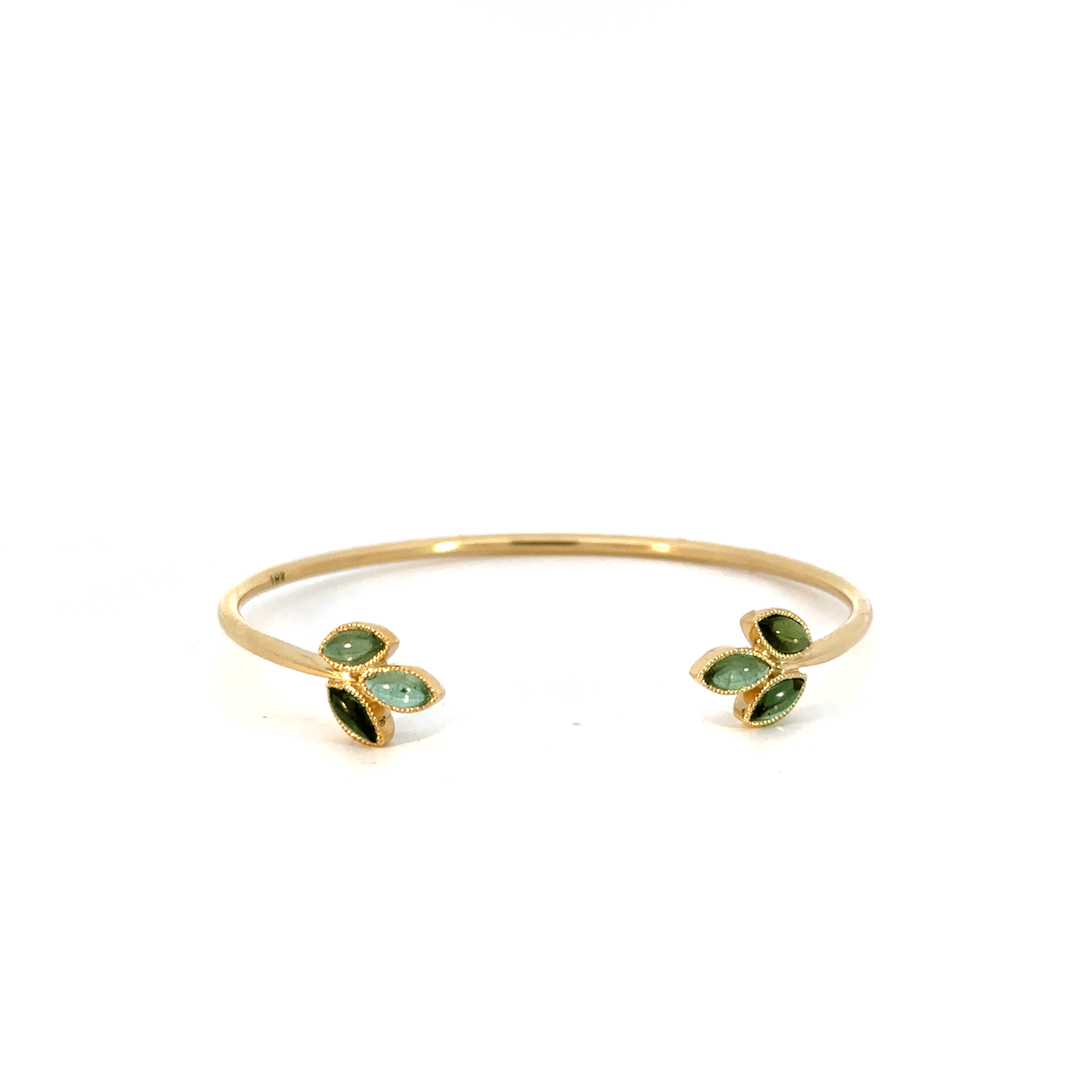 18k Yellow Gold Green Sapphire Marquise Cabochon Open Bangle