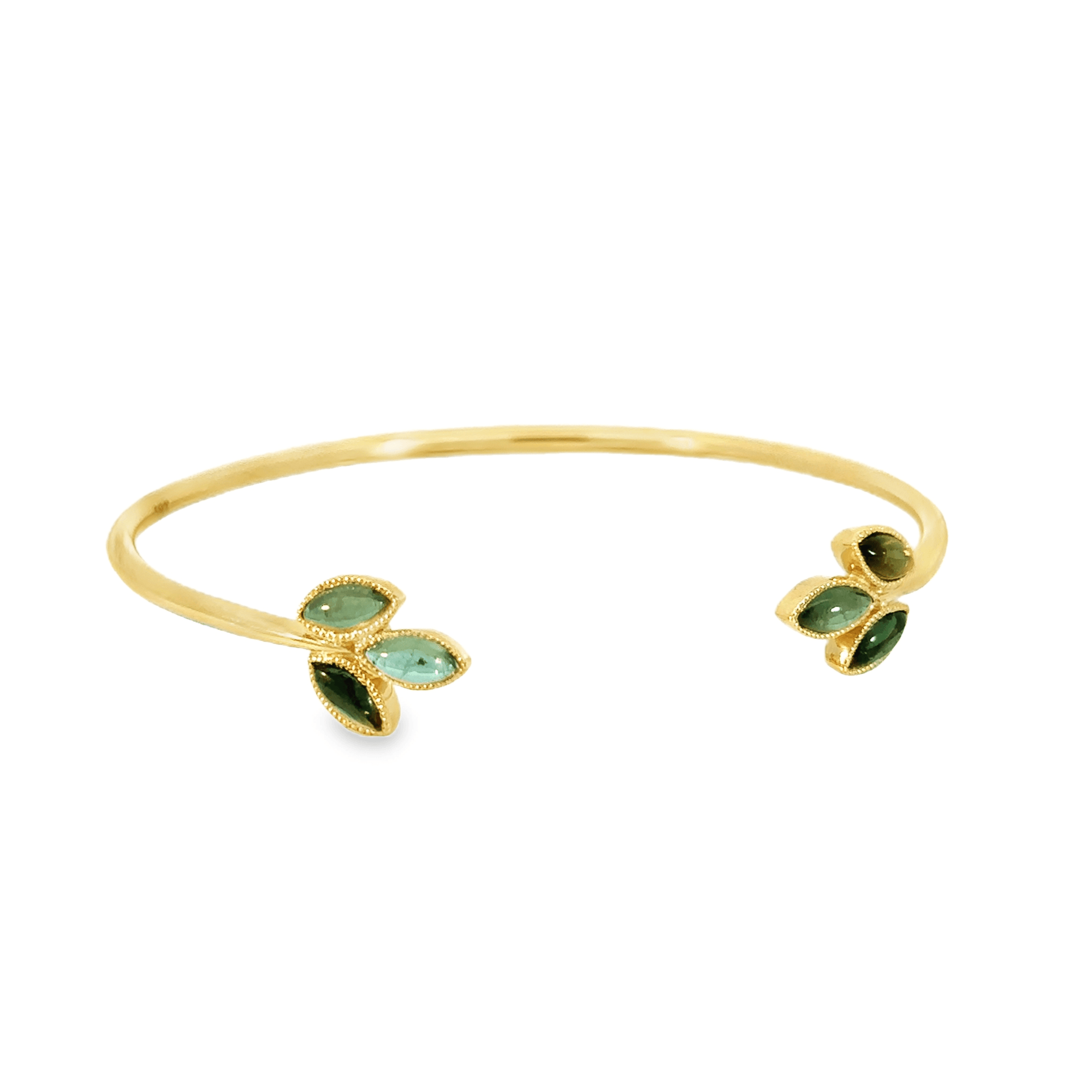 18k Yellow Gold Green Sapphire Marquise Cabochon Open Bangle