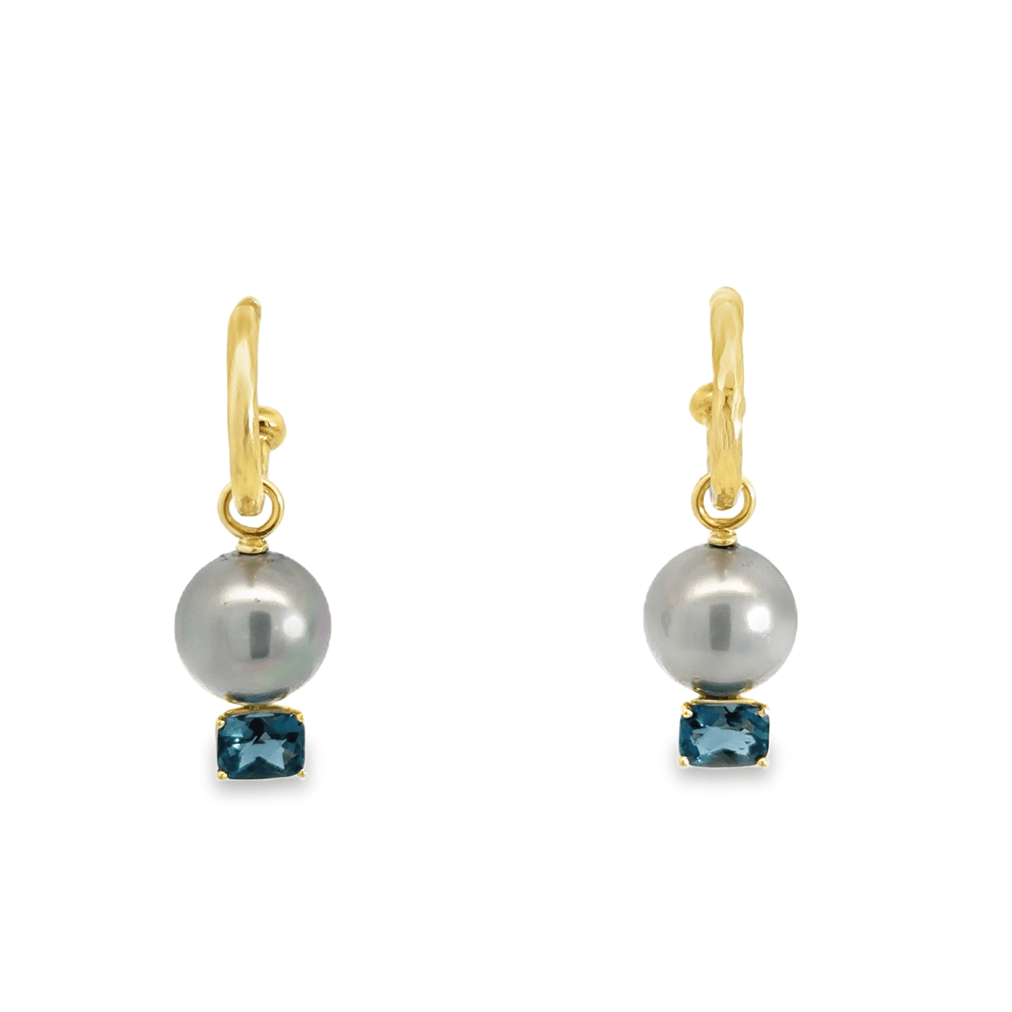 18k Yellow Gold Grey Pearls and Blue Topaz Hoop Earring Charms