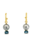 18k Yellow Gold Grey Pearls and Blue Topaz Hoop Earring Charms