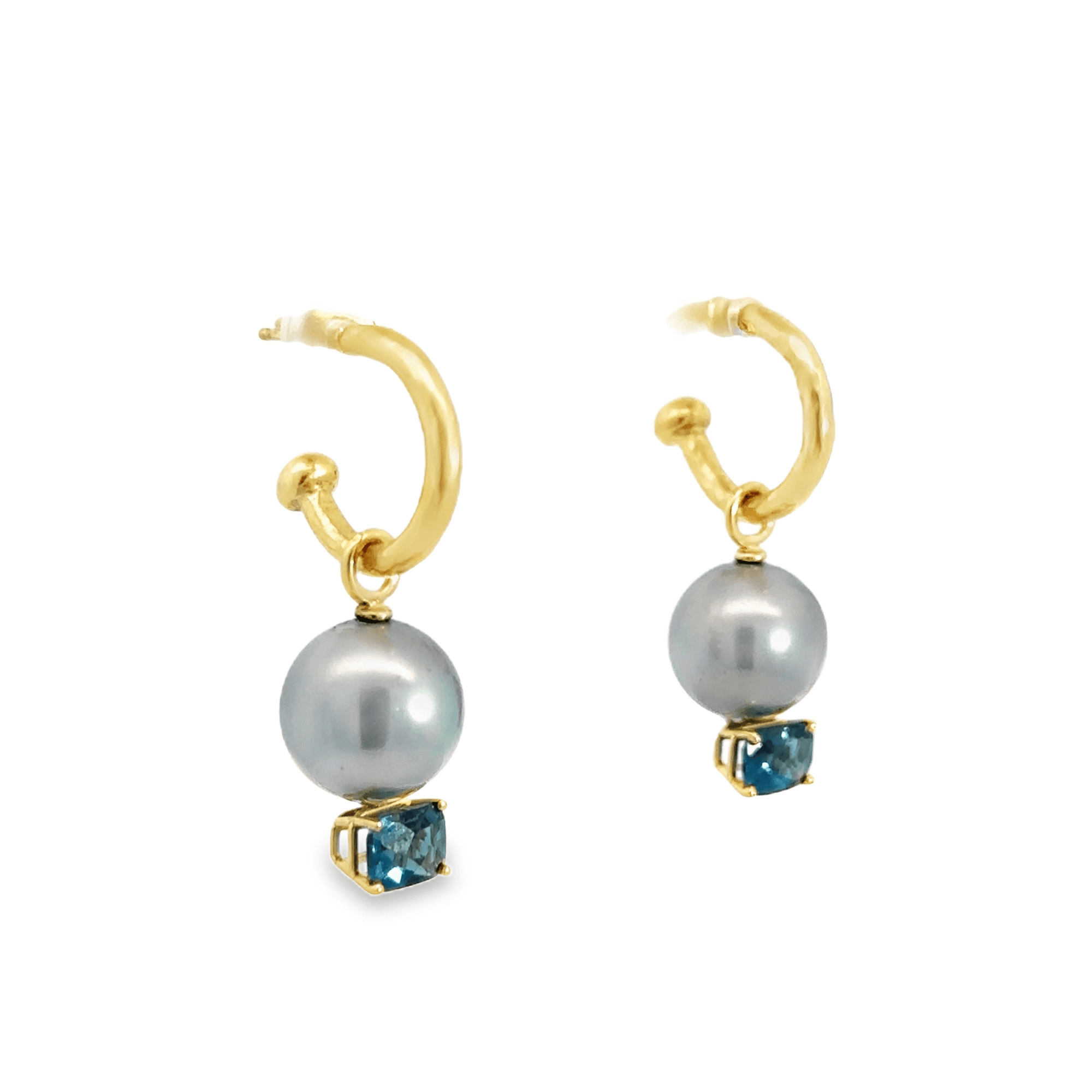18k Yellow Gold Grey Pearls and Blue Topaz Hoop Earring Charms