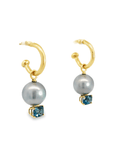 18k Yellow Gold Grey Pearls and Blue Topaz Hoop Earring Charms