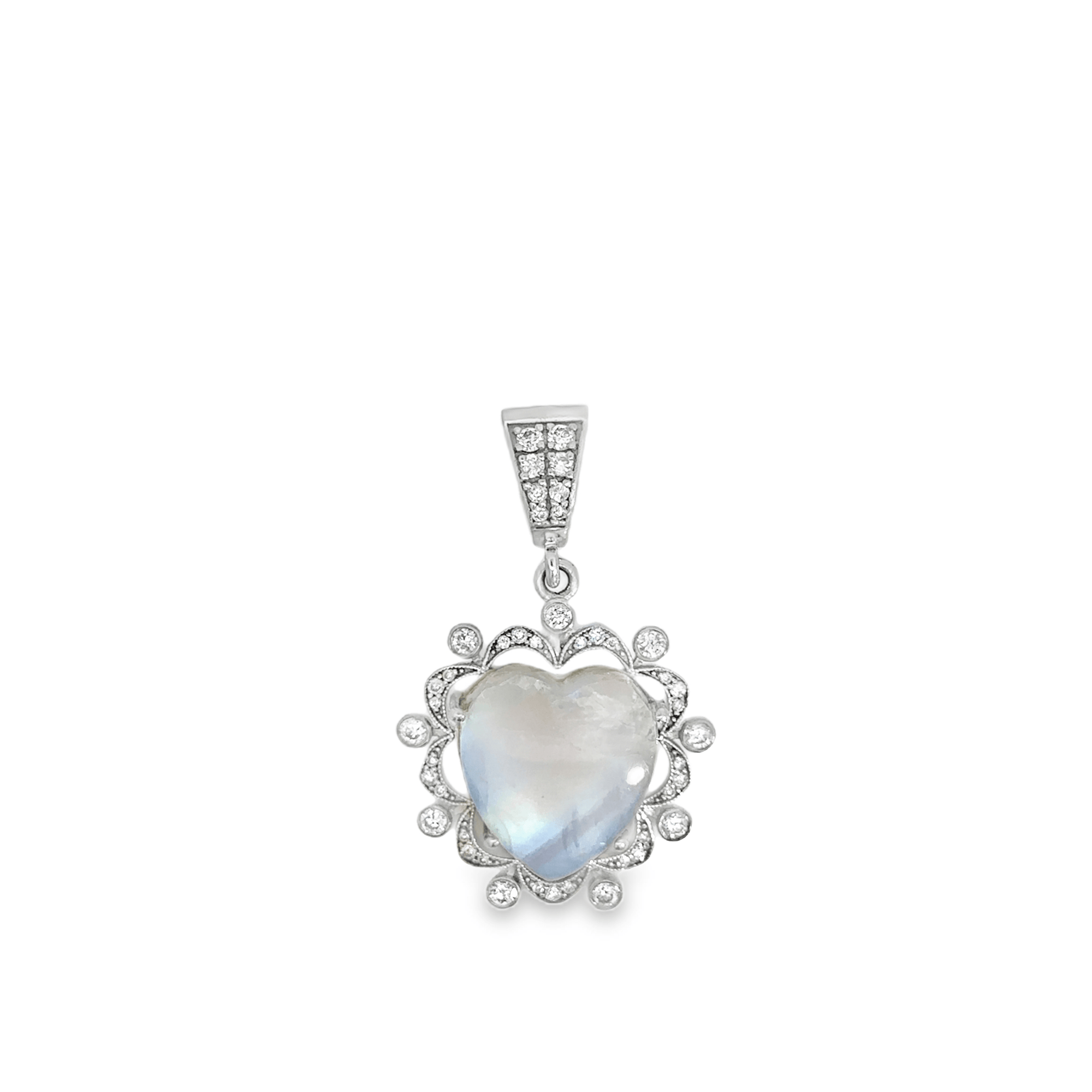 14k White Gold, Moonstone and Diamond Heart Pendant