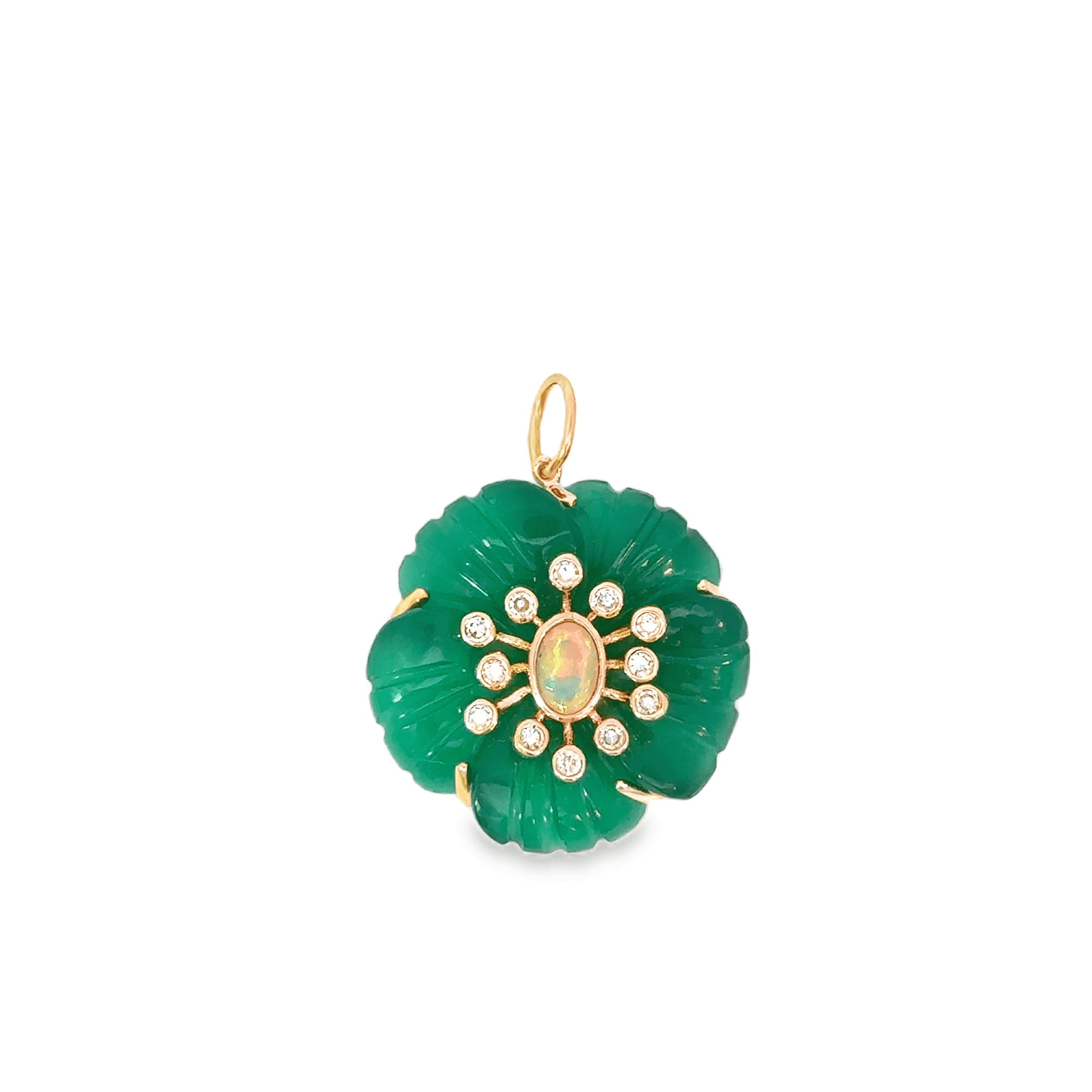 Carved Onyx, Opal and Diamond Flower Pendant