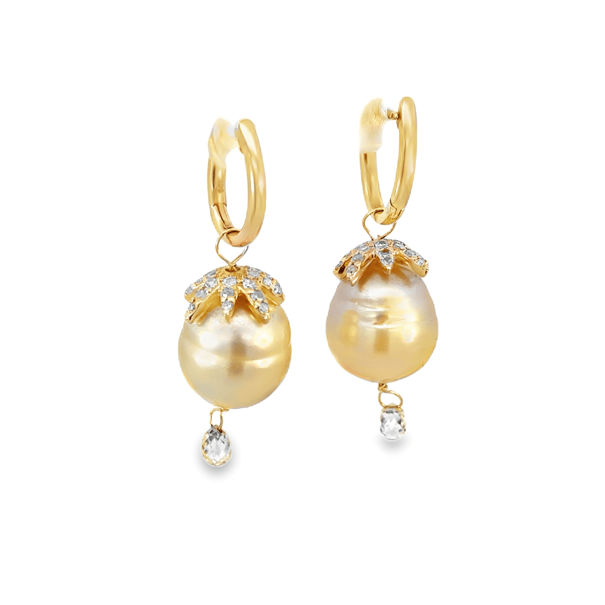 Golden South Sea Pearl and Canary Diamond Briolette Drop Earring Charms