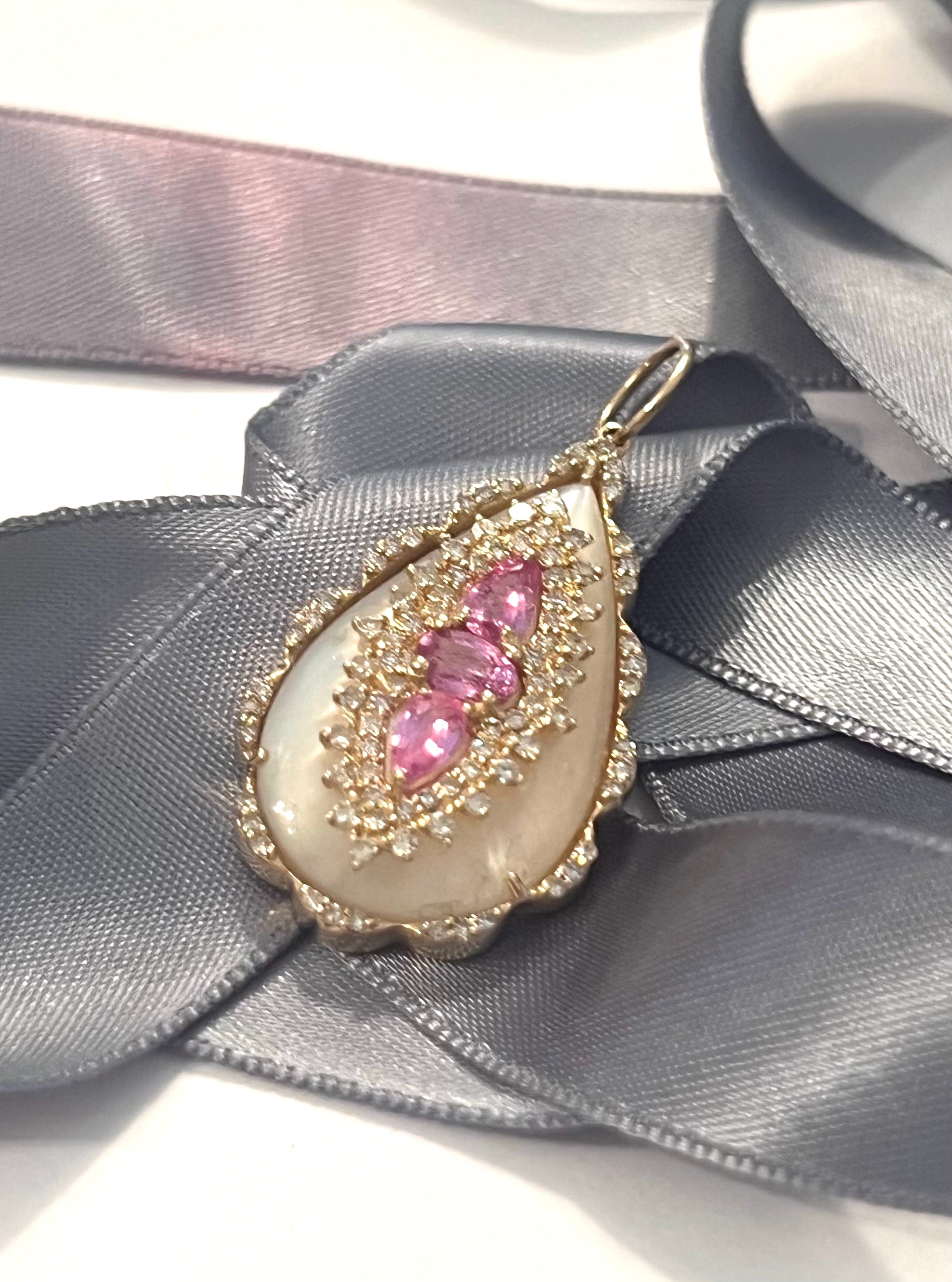 Mother of Pearl, Pink Sapphire, Quartz and Diamond Pendant Necklace