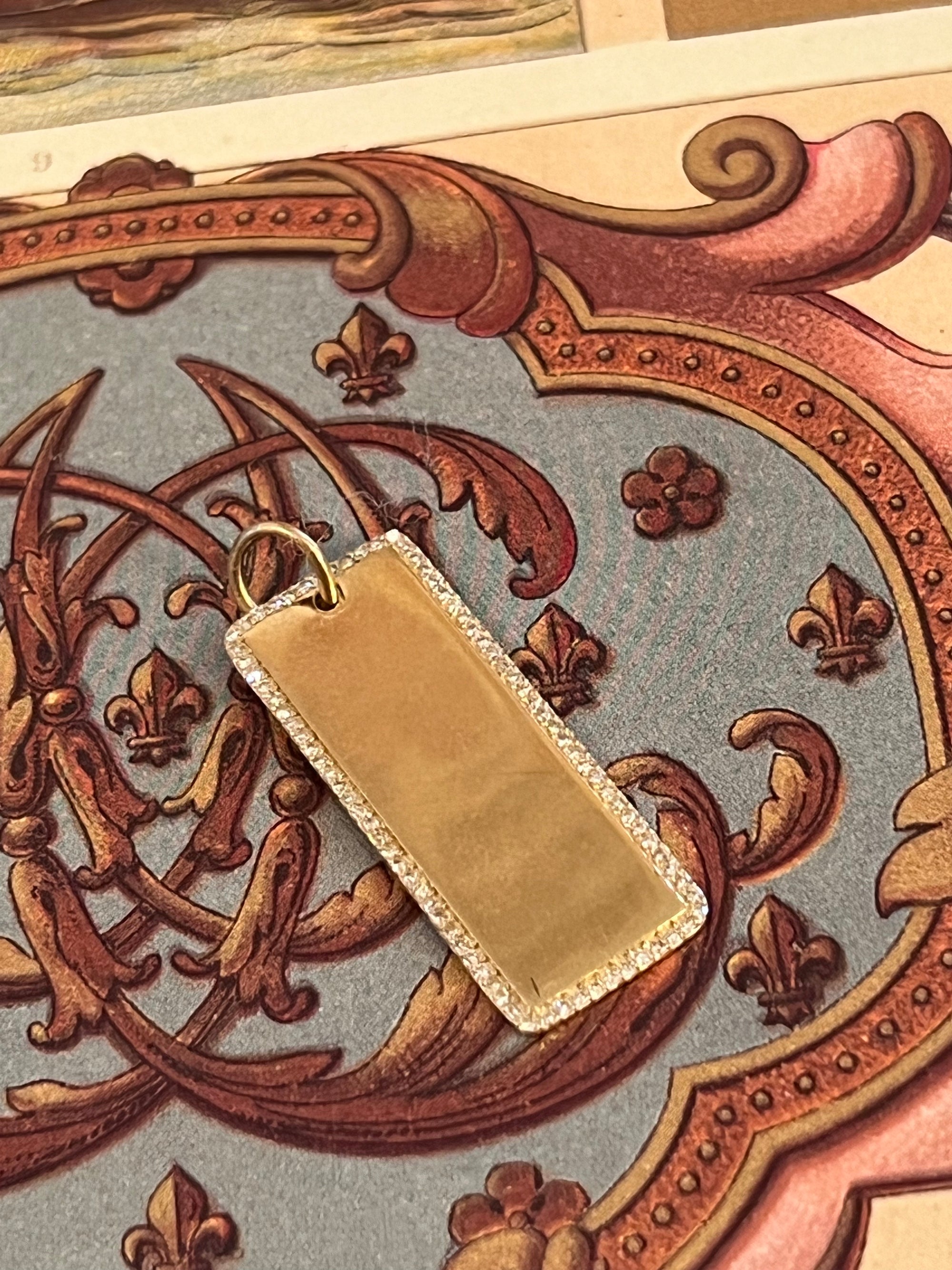 Elongated Gold Tag Pendant with Diamonds