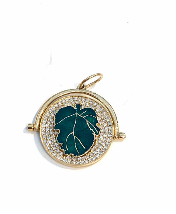 Gold Green Enamel and Diamond Leaf Pendant
