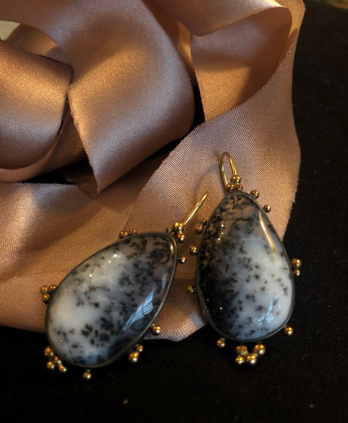Moss Agate 18k Royal Gold and  Diamond Earrings