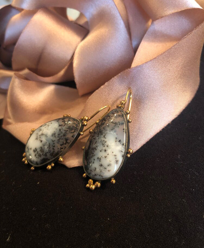 Moss Agate 18k Royal Gold and  Diamond Earrings