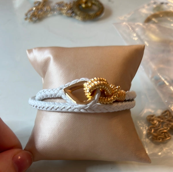 White leather and 14k gold bracelet