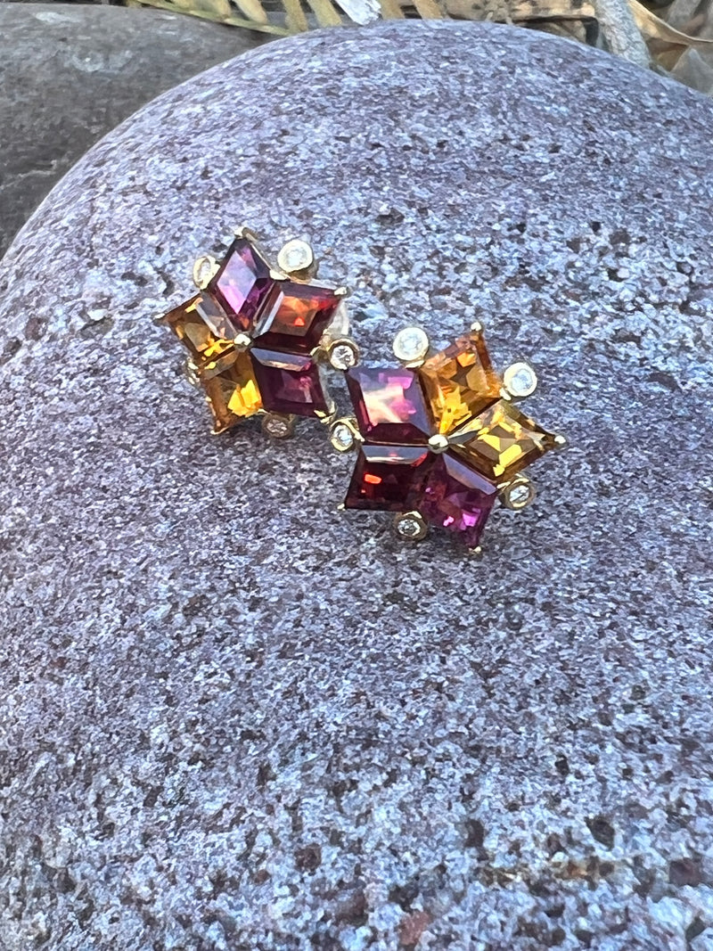 Rhodolite and Citrine and Diamond Studs