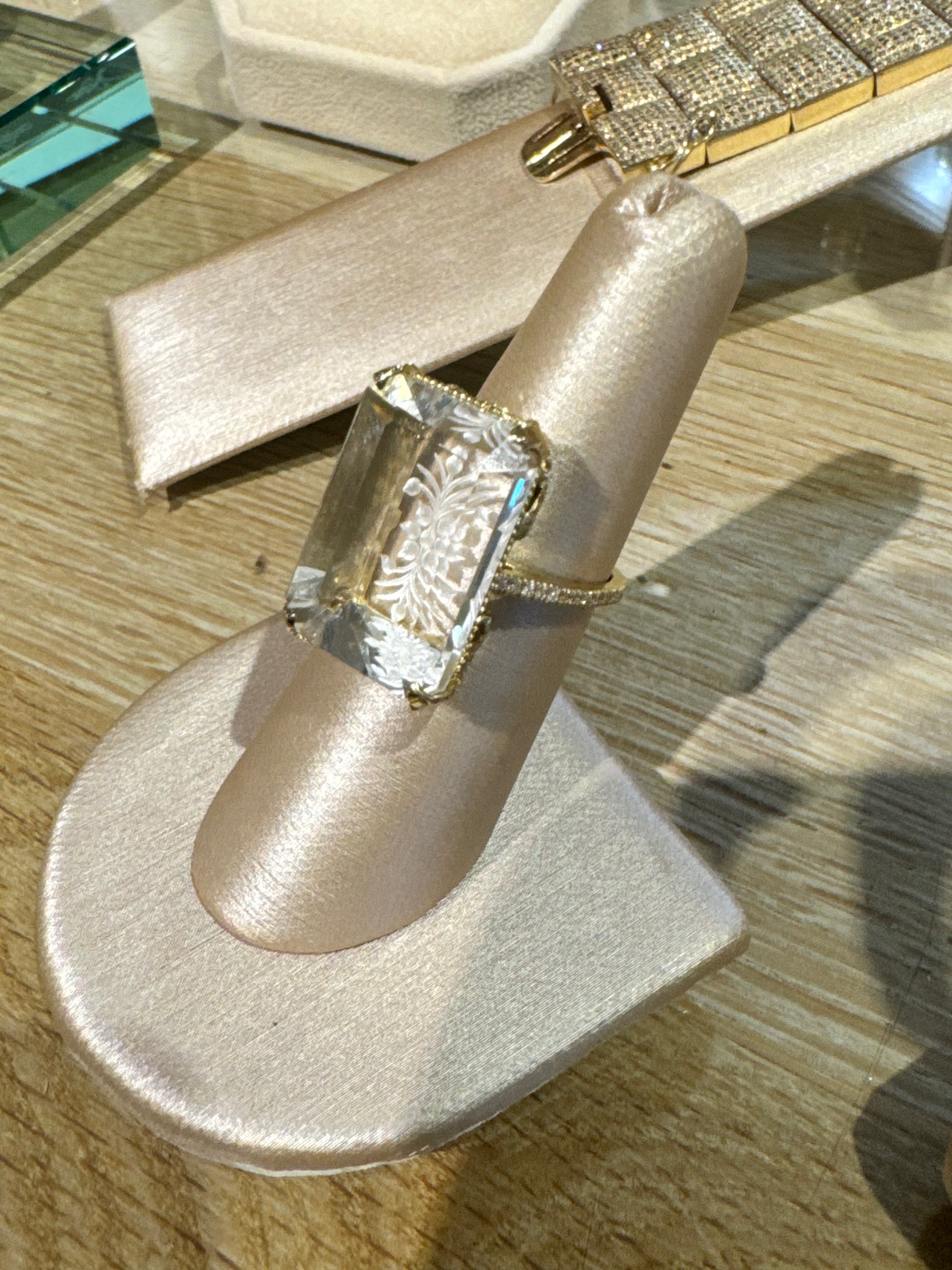 18k Yellow Gold, Carved Quartz &amp; Diamond Ring