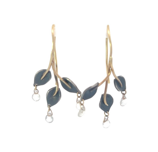 Oxidized Silver and 18k Royal Leaf Sapphire Earrings