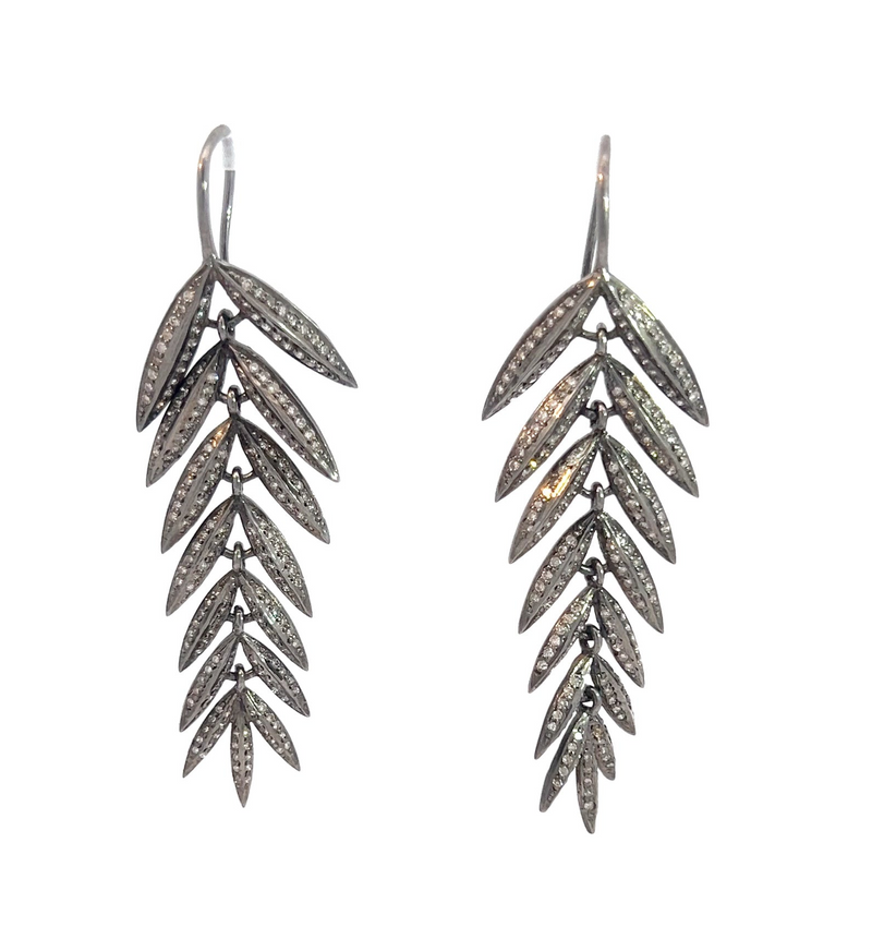 Oxidized Silver Hinged Diamond Feather Earring