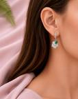 Blue Carved Flower with Green Leaf Charm Earrings (14k White Gold, Diamond)