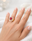 Carved Quartz and Ruby Ring (18k Yellow Gold, Rose Quartz, Ruby, Diamond)