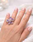 Blossom Motif Ring with Purple Sapphires  (18k Yellow Gold, Diamond, Sapphire)