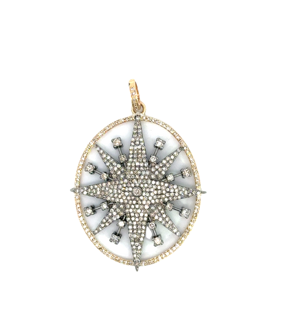 Oxidized Silver and Diamond Gold Framed Starburst Pendant