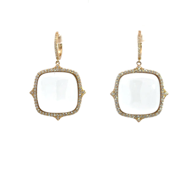 White Topaz Cabochon and Diamond Earrings