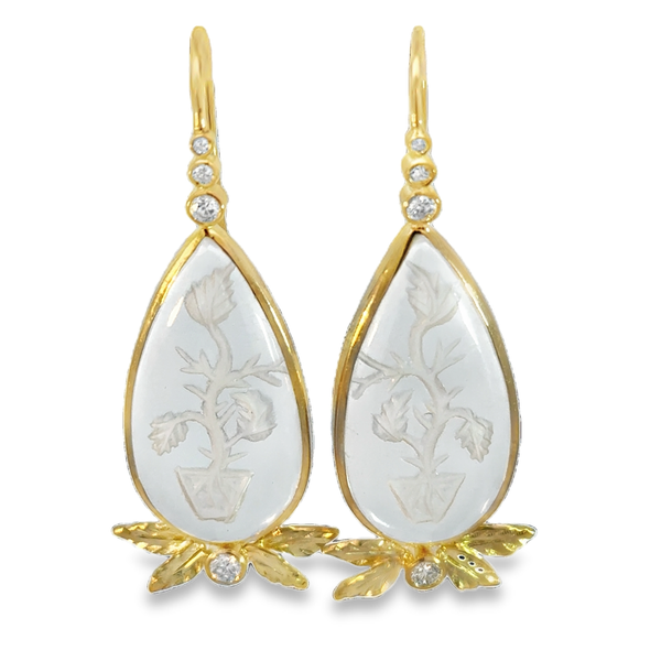 18k Carved Quartz and Diamond Drop Shape Leaf Earrings