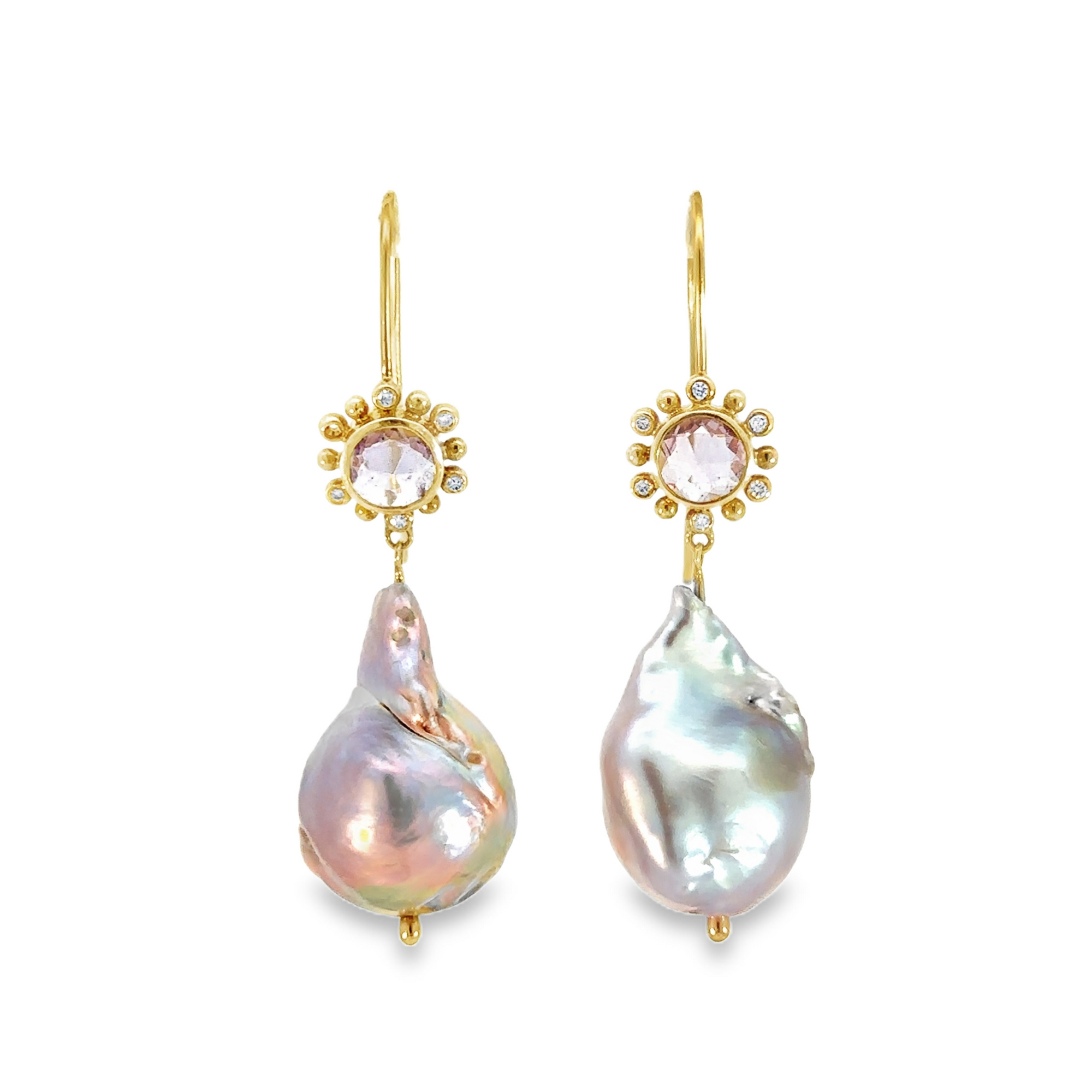 Pink Tourmaline, Pearl and Diamond Drop Earrings