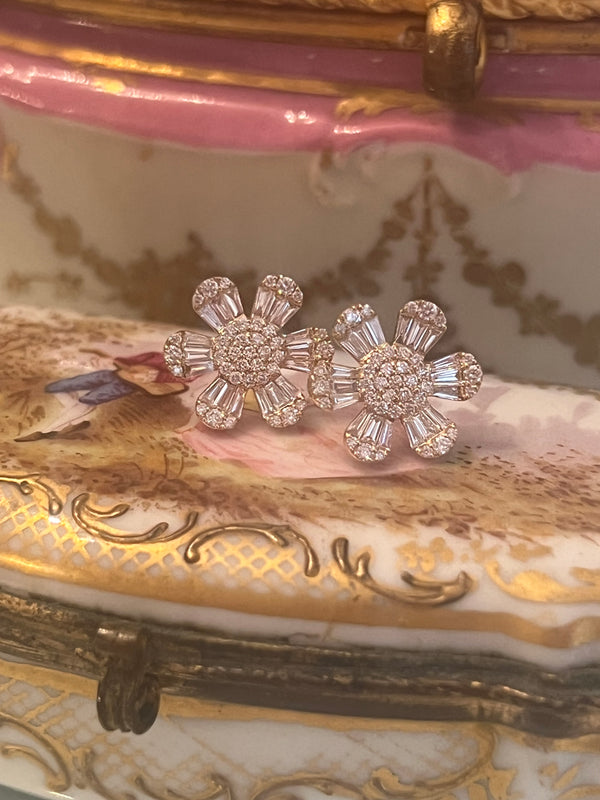 Baguette Diamond Flower Earrings