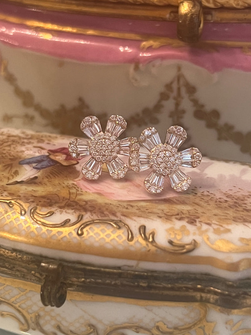 Baguette Diamond Flower Earrings