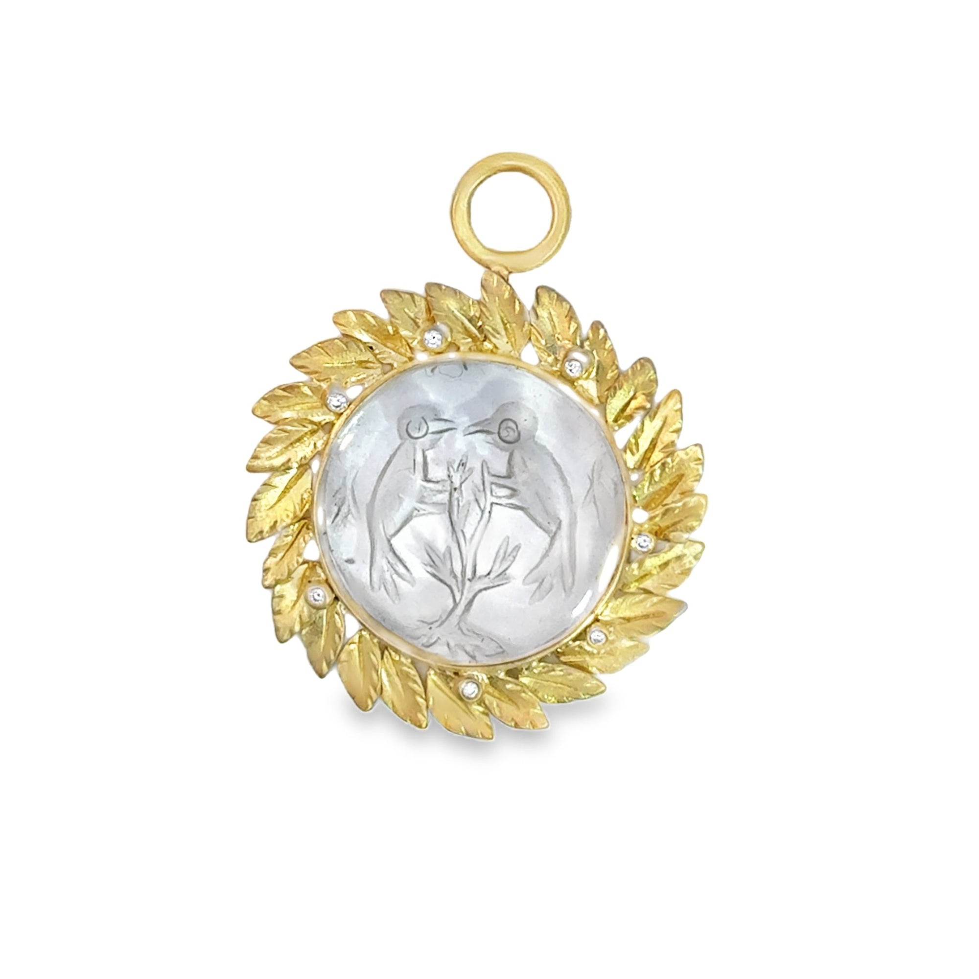 Hand-Carved Round Quartz Bird Pendant in 18k Gold and Diamonds