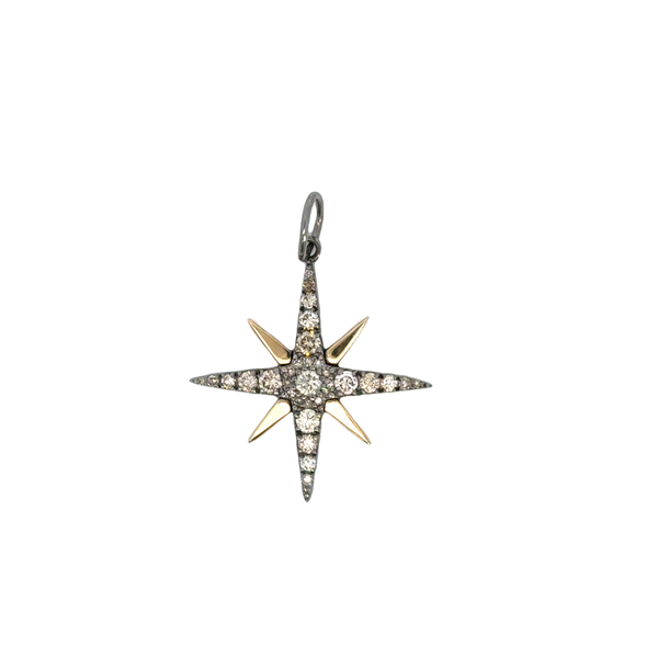 Oxidized Silver and Gold Starburst With Diamonds Pendant