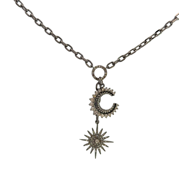 Oxidized Silver Starburst and Moon Necklace