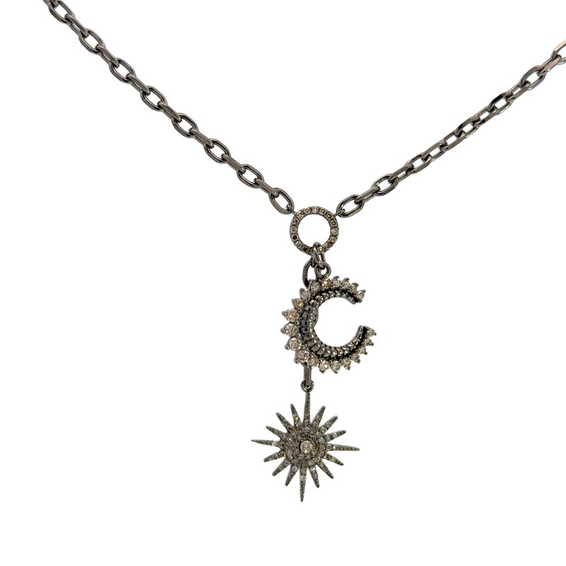 Oxidized Silver Starburst and Moon Necklace