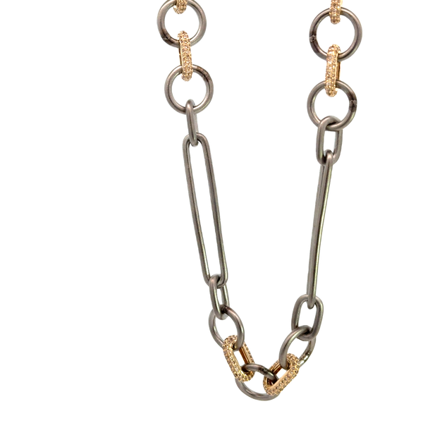 Oxidized Silver, 14k Yellow Gold and Diamond Chain Necklace