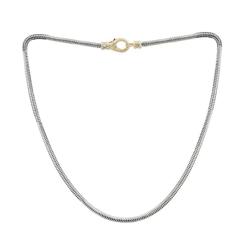 Sterling Silver Cable Necklace with Pave Diamond 14k Gold Clasp