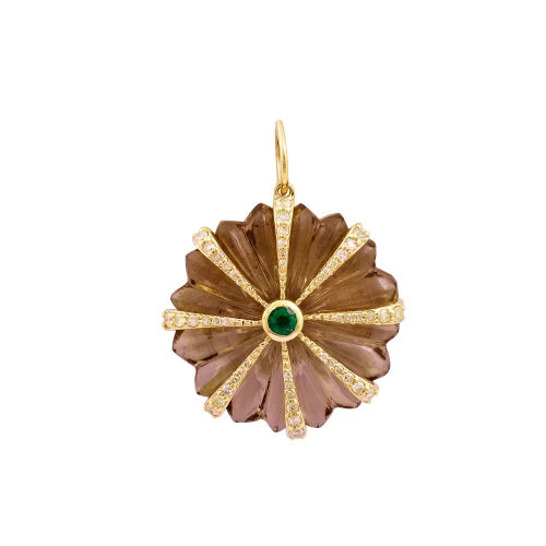 Carved Smokey Topaz Fleur Pendant with Emerald and Diamonds