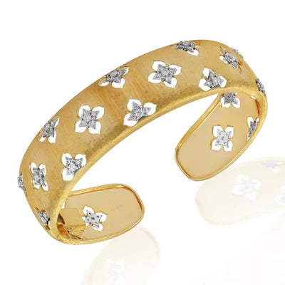 Florentine Finish Open Work Diamond, 14k Yellow and White Gold Cuff Bracelet