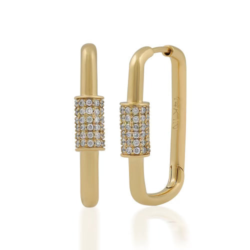 Carabiner Style 14k Yellow Gold and Pave Diamond Hoop Earrings