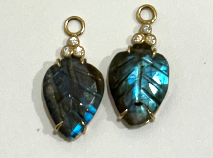 18k Yellow Gold Labradorite Carved Leaf and Diamond Hoop Charms