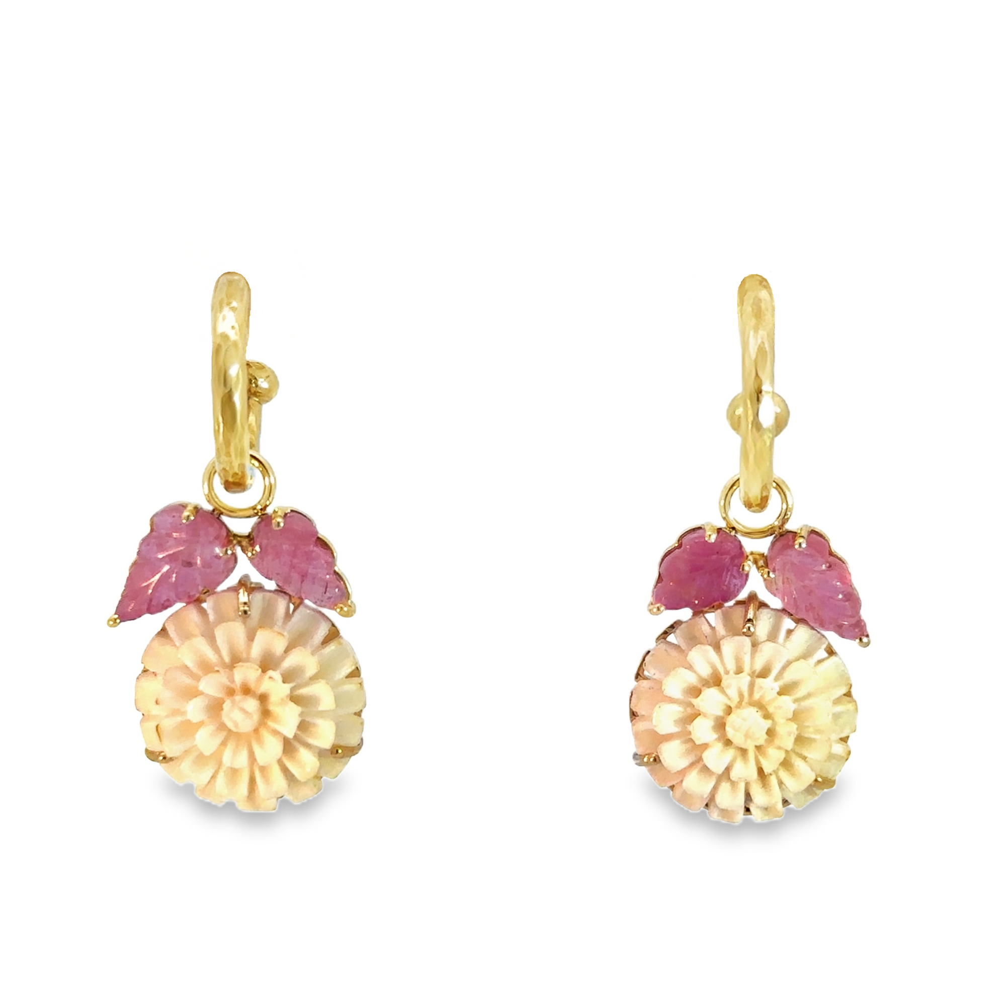 14k Yellow Gold Ruby and Carved Flower Earring Charms