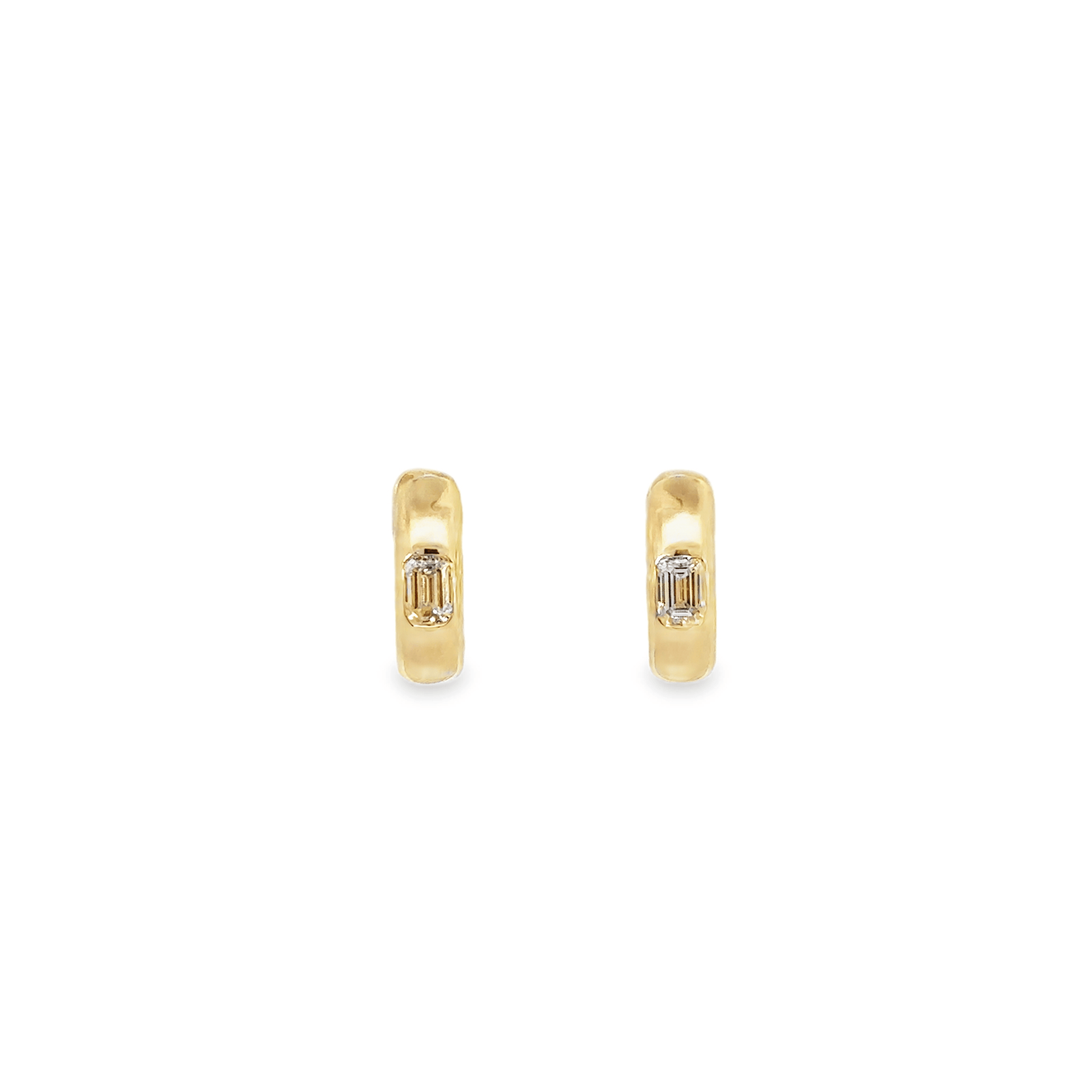 14k Yellow Gold and Emerald Cut Diamond Set Huggie Hoop Earrings