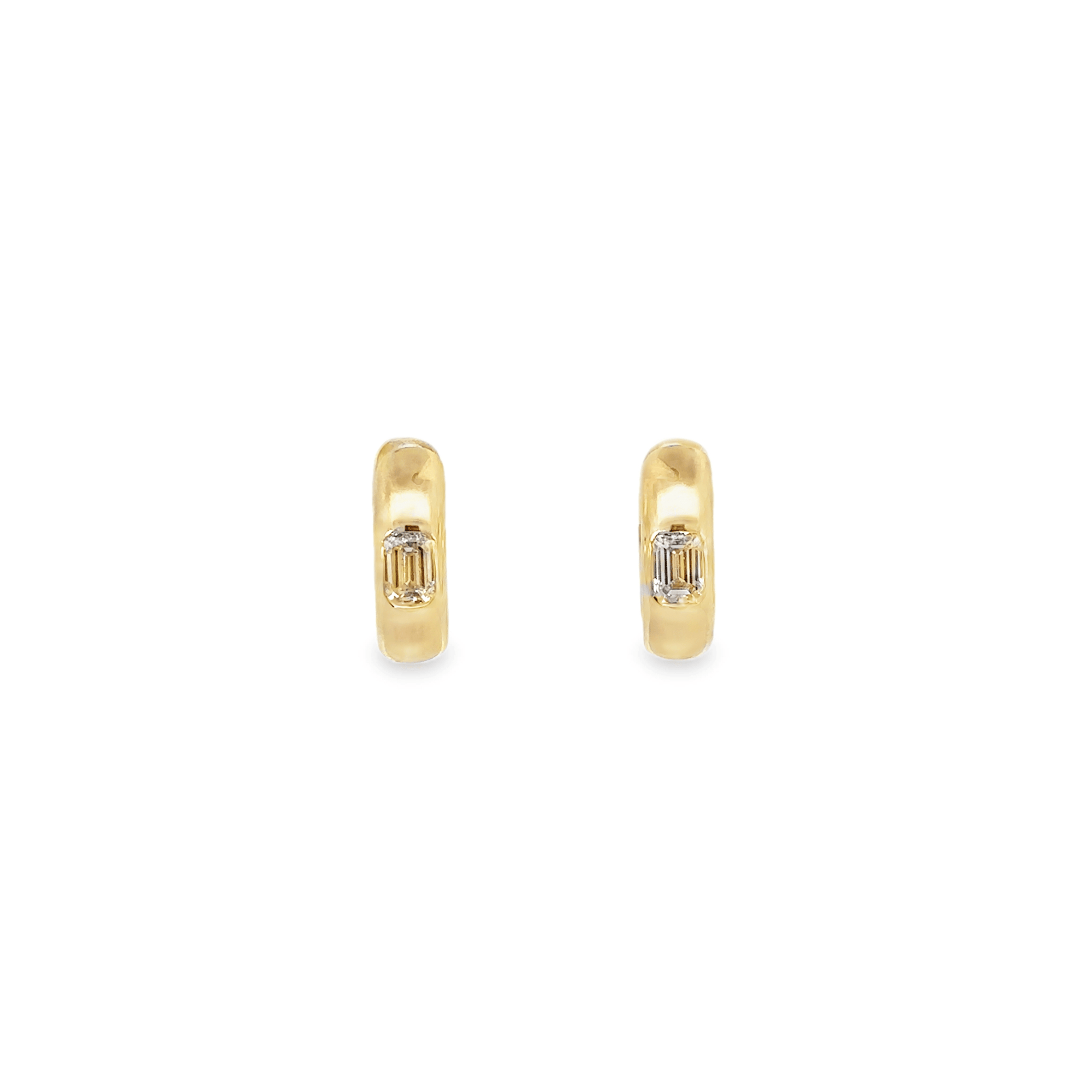 14k Yellow Gold and Emerald Cut Diamond Set Huggie Hoop Earrings