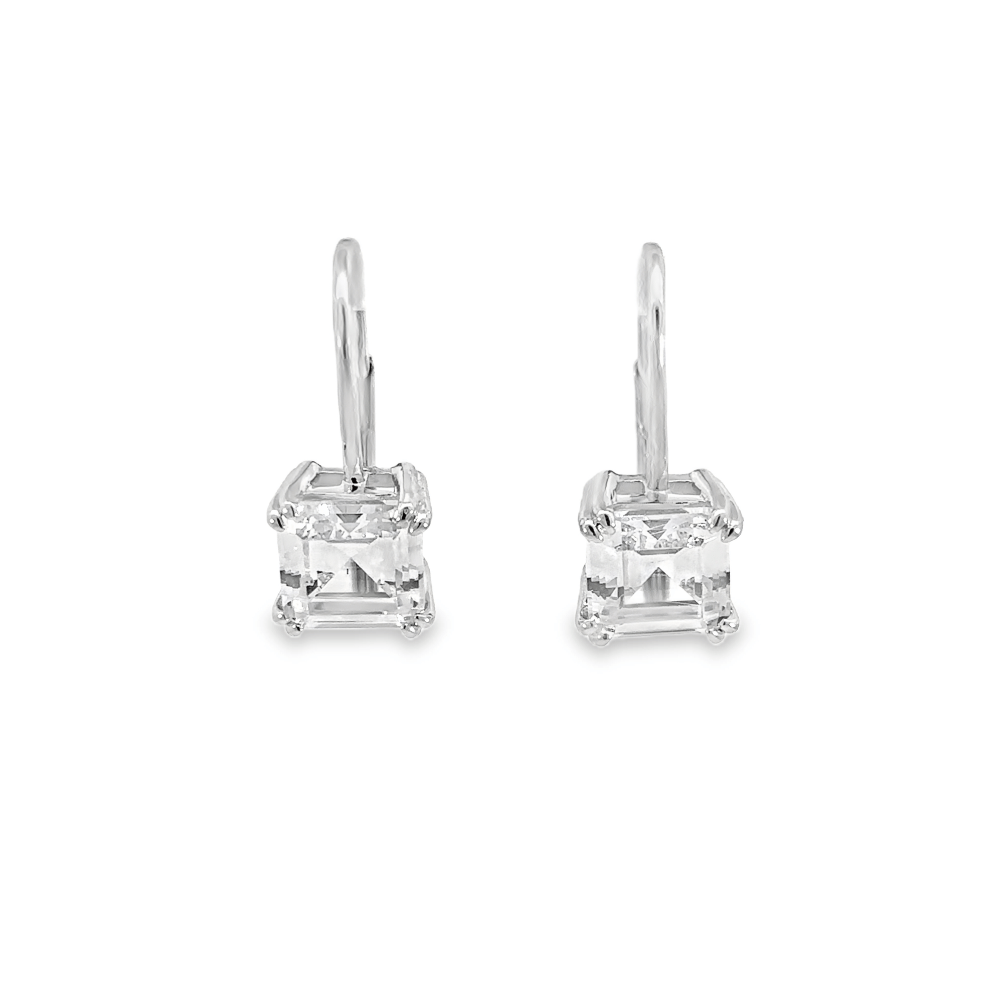 Classic Solitaire White Sapphire Asscher Cut Silver Drop Earrings