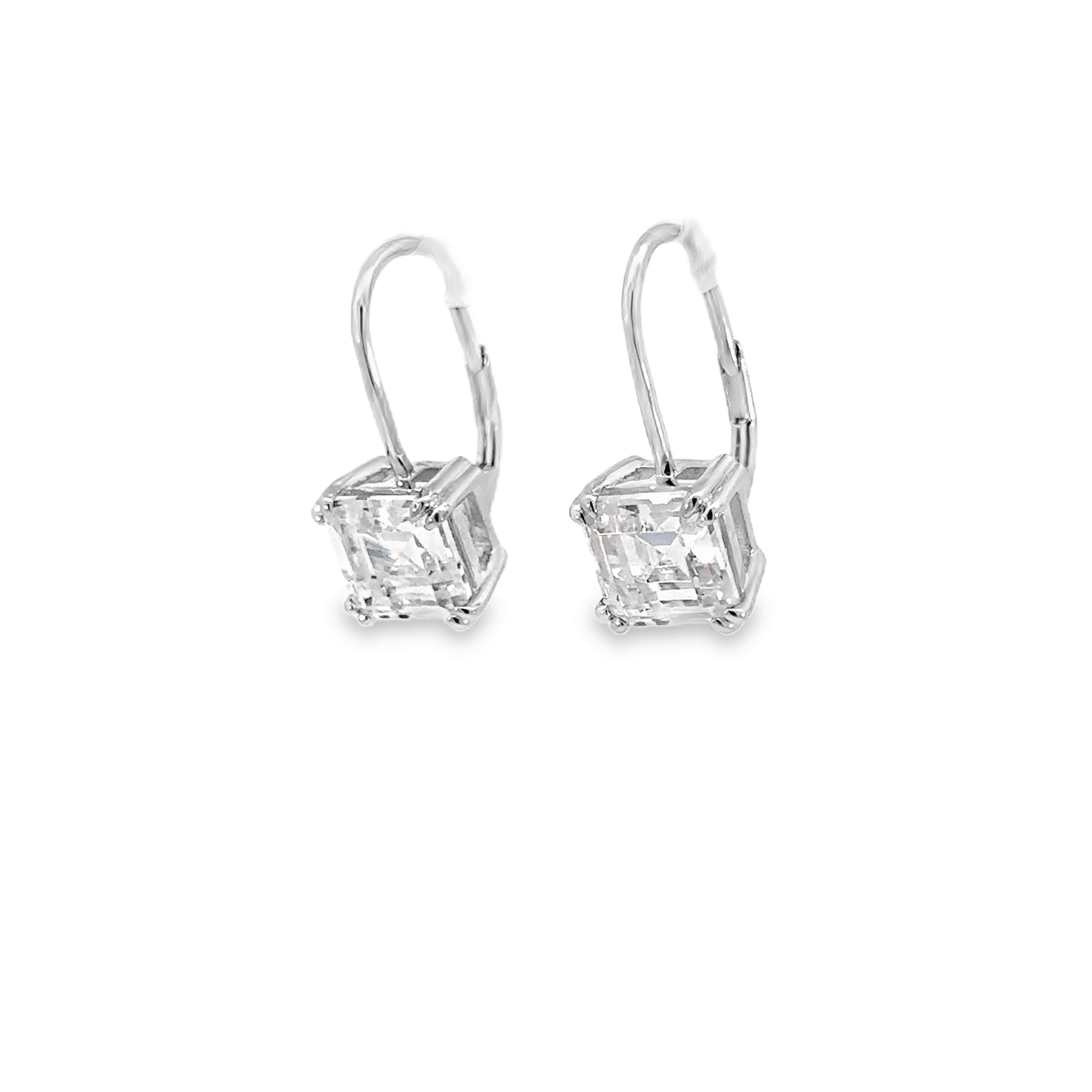 Classic Solitaire White Sapphire Asscher Cut Silver Drop Earrings