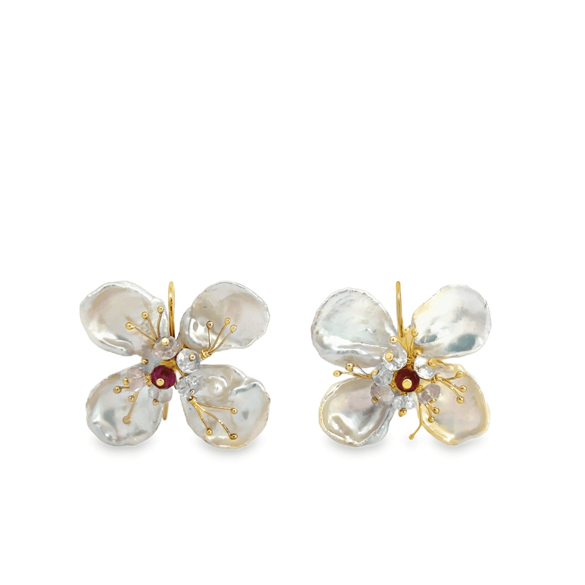 Freshwater Pearl Petals and Garnet 18k Yellow Gold Flower Earrings