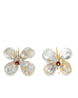 Freshwater Pearl Petals and Garnet 18k Yellow Gold Flower Earrings